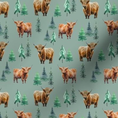 Highland Cow Winter fabric - fir tree_ evergreen winter design 6in