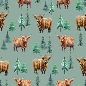 Highland Cow Winter fabric - fir tree_ evergreen winter design 6in