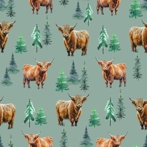 Highland Cow Winter fabric - fir tree_ evergreen winter design 8in