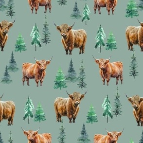 Highland Cow Winter fabric - fir tree_ evergreen winter design 10in