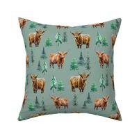 Highland Cow Winter fabric - fir tree_ evergreen winter design 12in