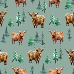 Highland Cow Winter fabric - fir tree_ evergreen winter design 12in