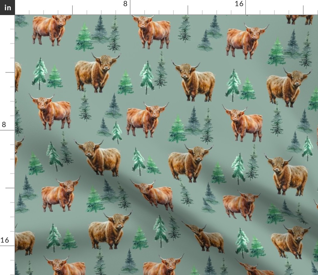 Highland Cow Winter fabric - fir tree_ evergreen winter design 12in