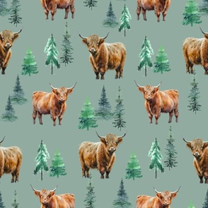 Highland Cow Winter fabric - fir tree_ evergreen winter design