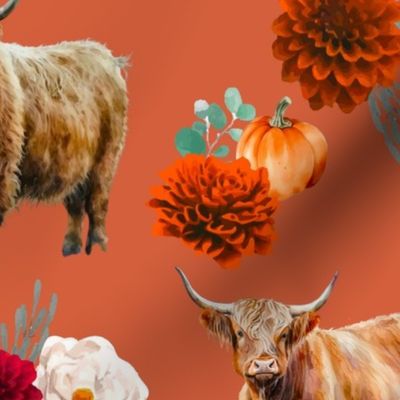 Higland Cow fabric - Pumpkin Floral autumn october