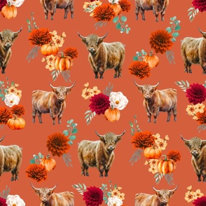 Higland Cow fabric - Pumpkin Floral autumn october