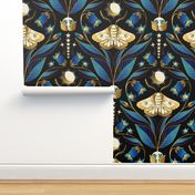 Whimsigothic Garden- Celestial Moth Belladonna Moody Floral- Blue Black Gold- Large Scale