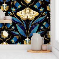 Whimsigothic Garden- Celestial Moth Belladonna Moody Floral- Blue Black Gold- Large Scale