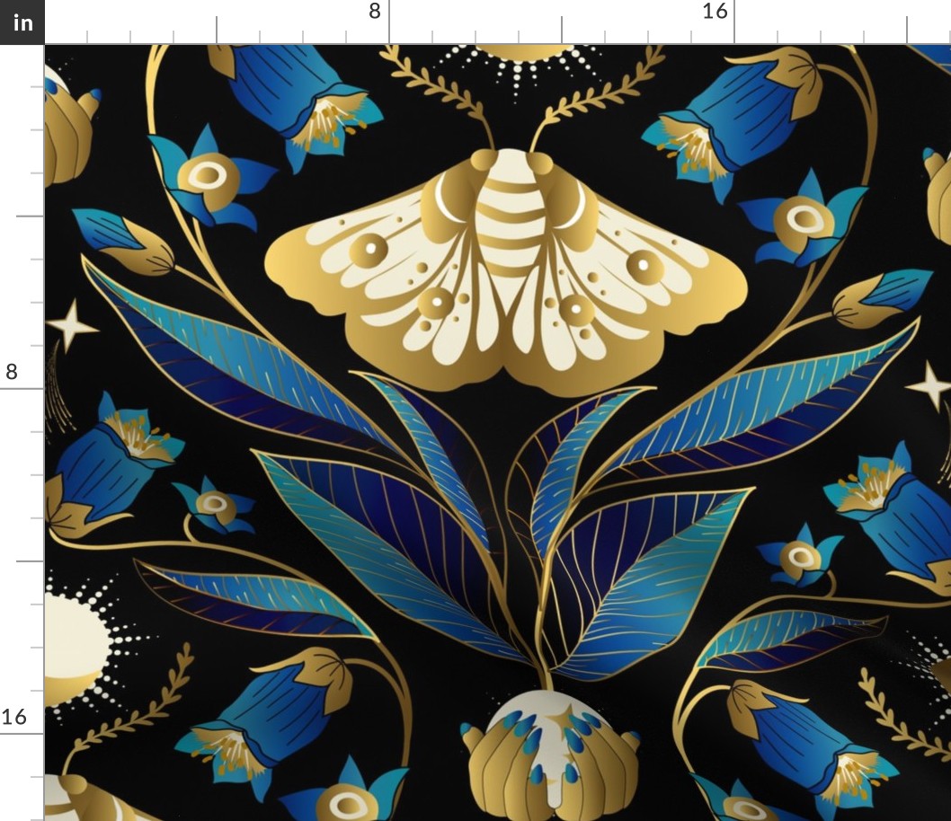Whimsigothic Garden- Celestial Moth Belladonna Moody Floral- Blue Black Gold- Large Scale