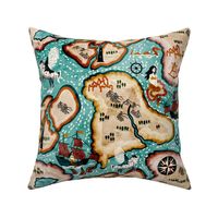 Voyage Of Discovery- Vintage Travel Adventure Cartography with Mythical Creatures- Aqua Sea Green Watercolor- Large Scale