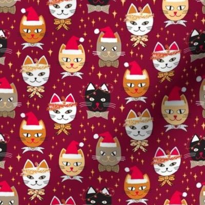 445 - Small scale Christmas Cats and kittens with Santa Hats, Xmas lights, bowties, tinsel and stars in golden mustard, cherry red, taupe  for cute baby apparel, kids, children,, pajamas, festive dress, kids parties, festive table cloths, table runners, t