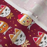 445 - Small scale Christmas Cats and kittens with Santa Hats, Xmas lights, bowties, tinsel and stars in golden mustard, cherry red, taupe  for cute baby apparel, kids, children,, pajamas, festive dress, kids parties, festive table cloths, table runners, t