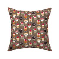 445 - Small scale Christmas Cats and kittens with Santa Hats, Xmas lights, bowties, tinsel and stars in golden mustard, cherry red, taupe and snow white on tan background - for table linen, bed linen, tree skirts, kids apparel, pajamas, baby's first Chris