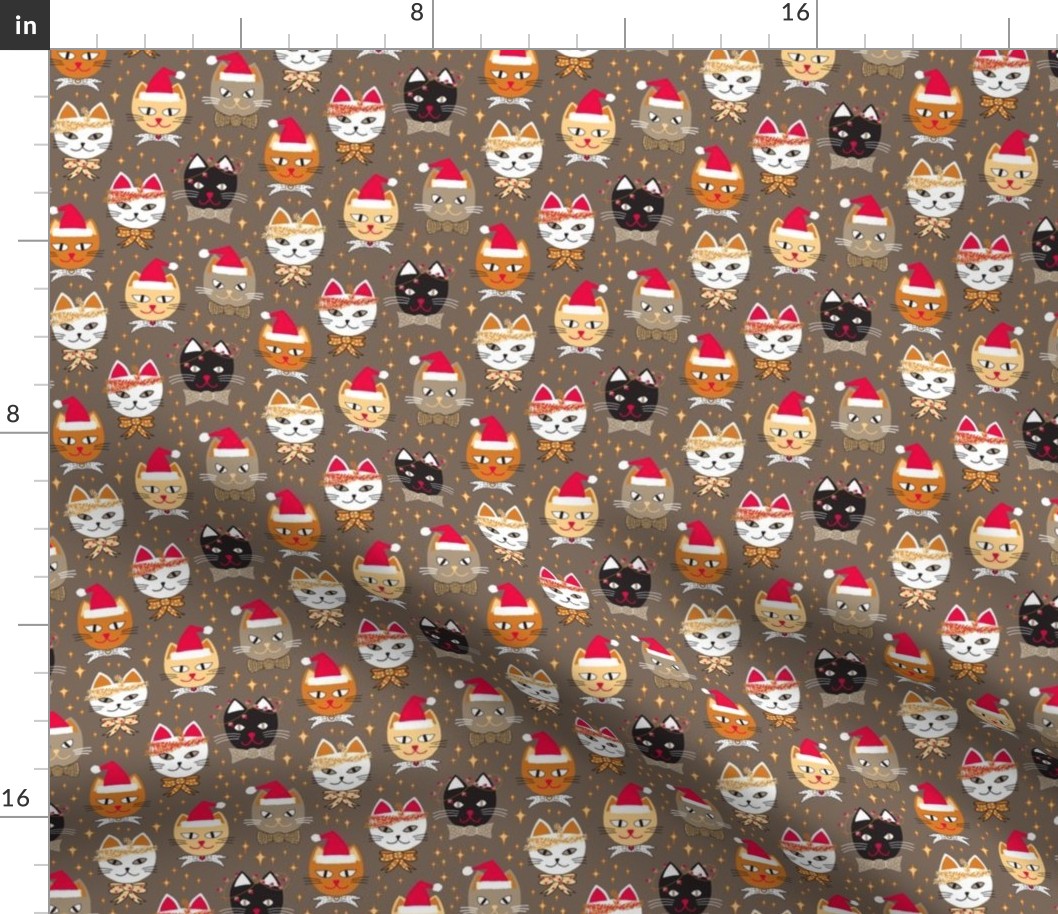 445 - Small scale Christmas Cats and kittens with Santa Hats, Xmas lights, bowties, tinsel and stars in golden mustard, cherry red, taupe and snow white on tan background - for table linen, bed linen, tree skirts, kids apparel, pajamas, baby's first Chris