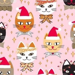 445 - Medium Large scale Christmas Cats and kittens with Santa Hats, Xmas lights, bowties, tinsel and stars in golden mustard, cherry red, taupe and snow white on candy pink background - for table linen, bed linen, tree skirts, kids apparel, pajamas, baby