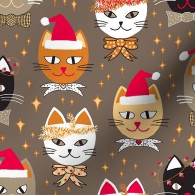 445 - Large scale Christmas Cats and kittens with Santa Hats, Xmas lights, bowties, tinsel and stars in golden mustard, cherry red, taupe and snow white on tan background - for table linen, bed linen, tree skirts, kids apparel, pajamas, baby's first Chris