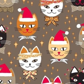 445 - Large scale Christmas Cats and kittens with Santa Hats, Xmas lights, bowties, tinsel and stars in golden mustard, cherry red, taupe and snow white on tan background - for table linen, bed linen, tree skirts, kids apparel, pajamas, baby's first Chris