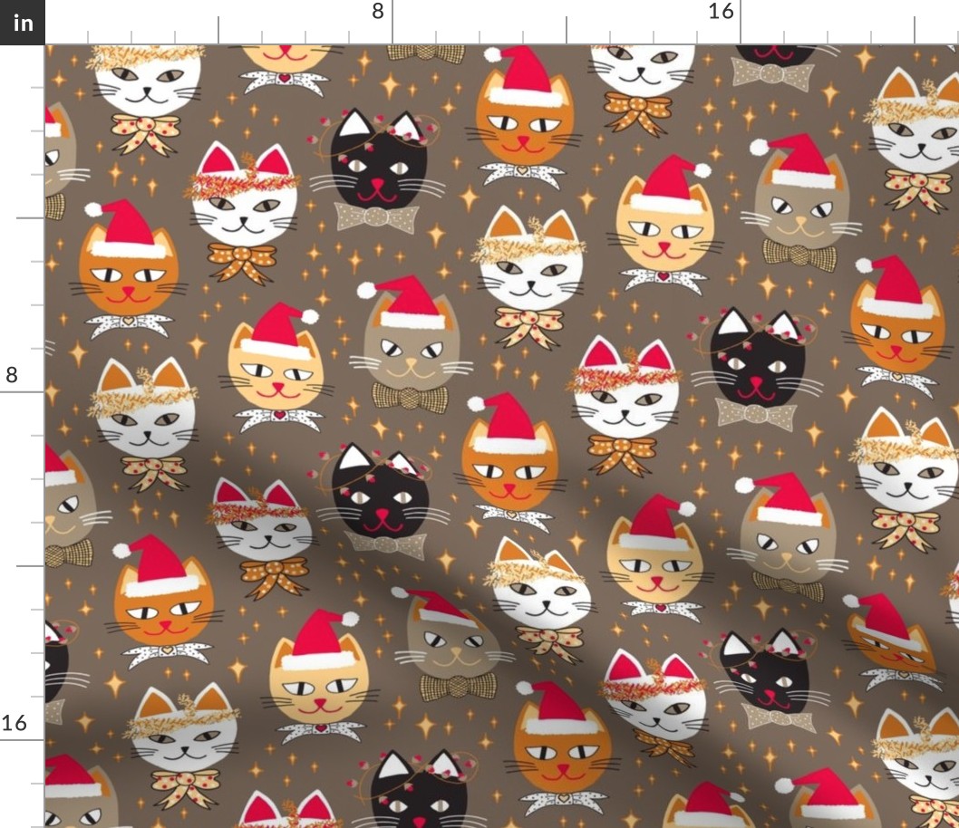 445 - Large scale Christmas Cats and kittens with Santa Hats, Xmas lights, bowties, tinsel and stars in golden mustard, cherry red, taupe and snow white on tan background - for table linen, bed linen, tree skirts, kids apparel, pajamas, baby's first Chris