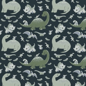 Cute Dinosaurs _ Vibrant greens on dark background- SMALL SCALE
