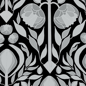 Art deco peonies in gray and black large scale 