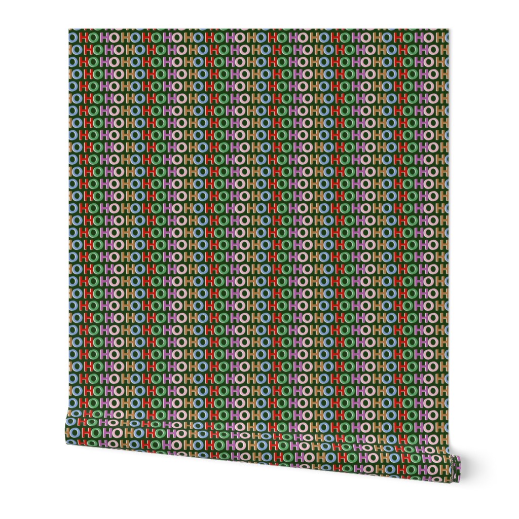 Small - Ho ho ho Colorful happy christmas fabric - Pink green red blue and brown on Dark Christmas Green - Words ABCs Typography Xmas Holly Holiday Festive Winter Lettering kopi