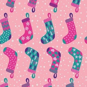 Medium - Christmas Stocking Shuffle - Modern Magenta Pink Aqua and Violet with snow on Carnation Pink