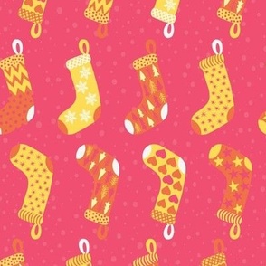 Medium - Christmas Stocking Shuffle - Modern Pink Yellow and Orange with snow on Hot Pink