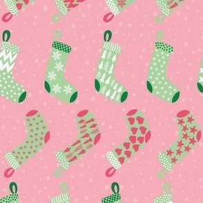 Medium - Christmas Stocking Flip - Modern Pink Green and White in snow on Carnation Pink