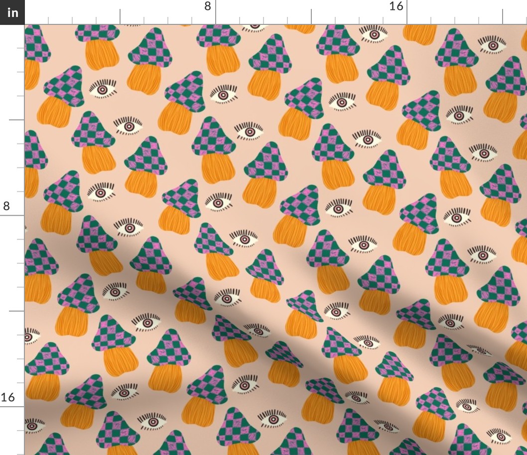 Checkered Mushies and Gazing eyes Spooky pattern_Pale Peach_small scale