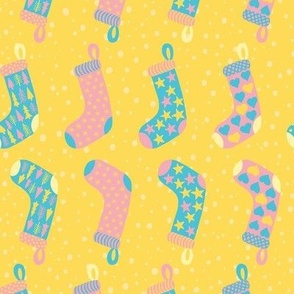 Christmas Stocking Stripe - Modern Pastel Pink Yellow and Blue with snow on Yellow Gold