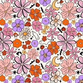 Spooky at Heart Halloween floral, ghosts, ghosties, bright pop on pale cream, Small scale