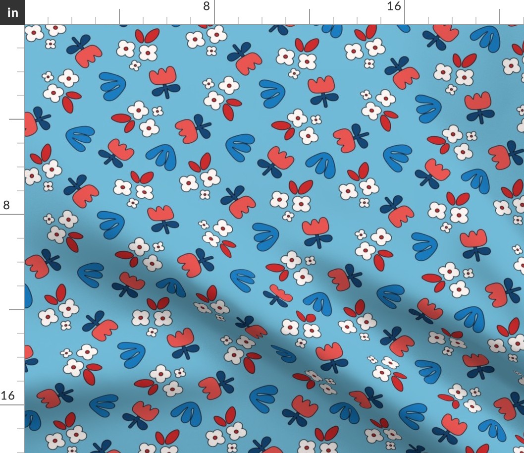 Modernist tulips and daisies abstract retro shaped blossom summer 4th of july design for kids patriot usa colors red blue on aqua