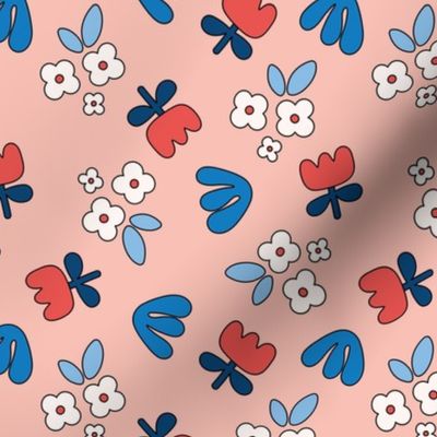 Modernist tulips and daisies abstract retro shaped blossom summer 4th of july design for kids patriot usa colors red blue on blush pink