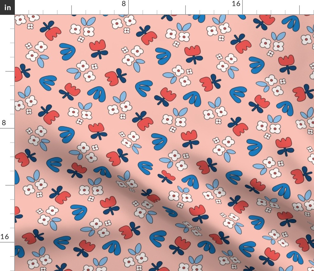 Modernist tulips and daisies abstract retro shaped blossom summer 4th of july design for kids patriot usa colors red blue on blush pink