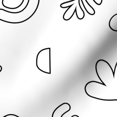 Coloring paper wallpaper - hand drawn modernist abstract shapes rainbows and leaves black and white JUMBO