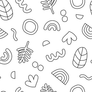 Coloring paper wallpaper - hand drawn modernist abstract shapes rainbows and leaves black and white JUMBO