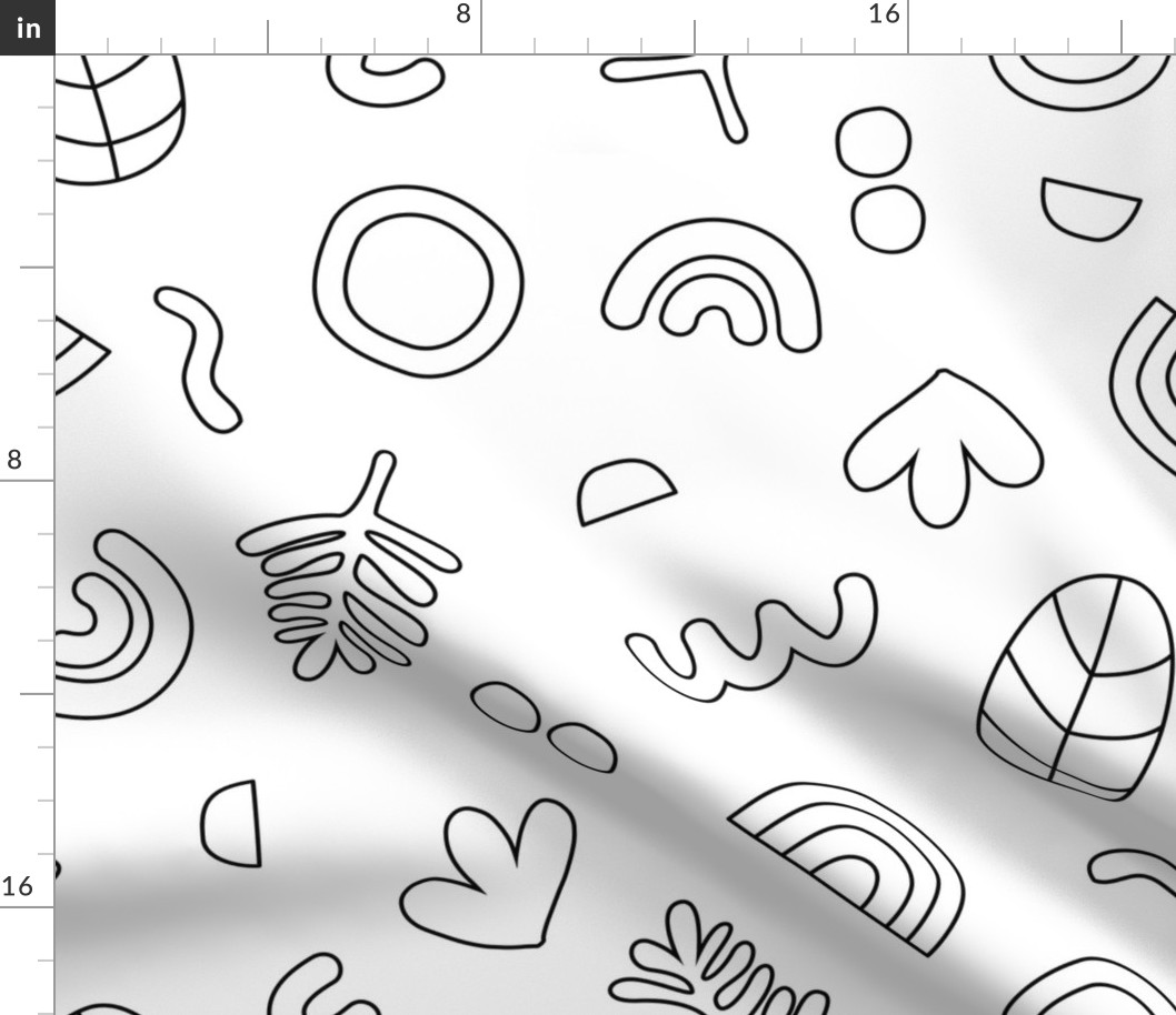 Coloring paper wallpaper - hand drawn modernist abstract shapes rainbows and leaves black and white JUMBO
