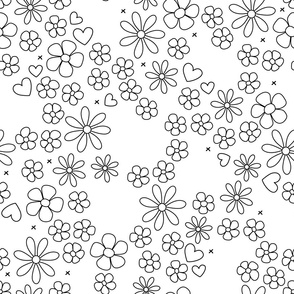 Coloring paper girls bedroom wallpaper - hand drawn retro daisies and poppy flowers black and white JUMBO