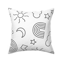 Coloring paper kids playroom wallpaper - hand drawn stars shapes rainbows sun moon clouds and thunder black and white JUMBO