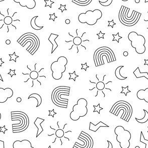 Coloring paper kids playroom wallpaper - hand drawn stars shapes rainbows sun moon clouds and thunder black and white JUMBO