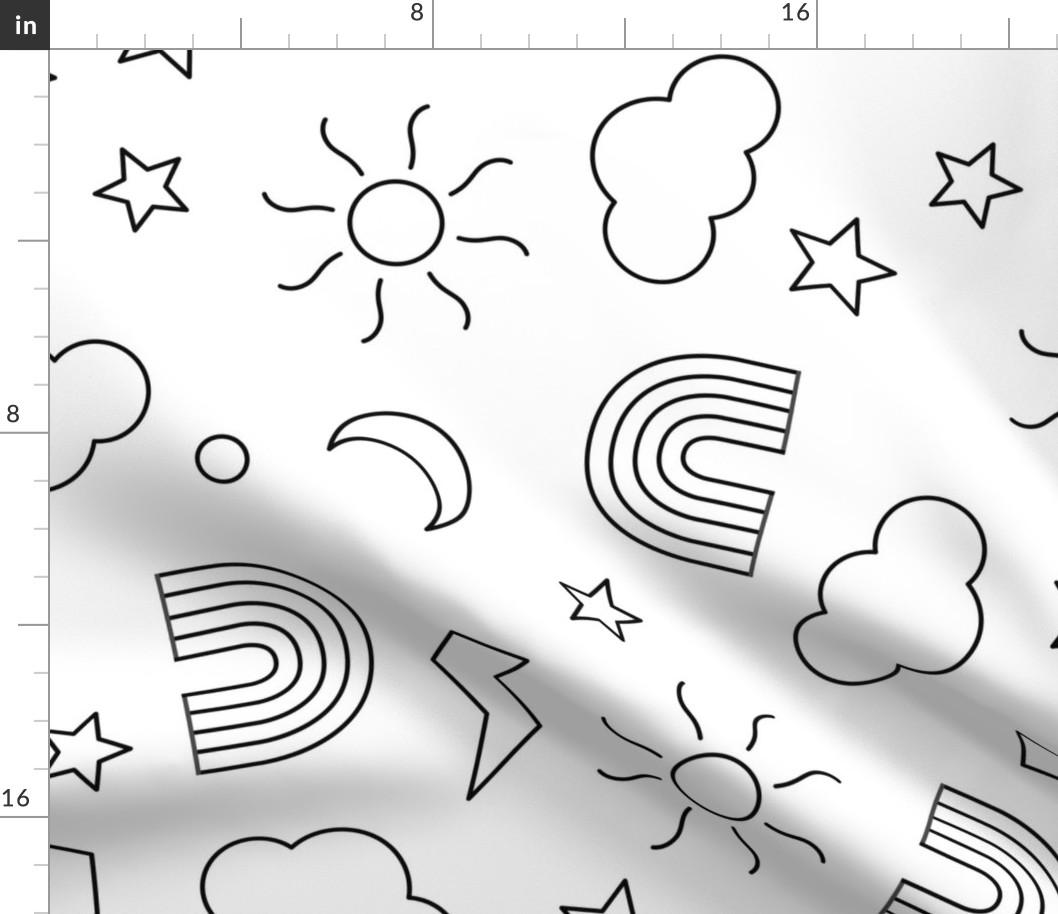 Coloring paper kids playroom wallpaper - hand drawn stars shapes rainbows sun moon clouds and thunder black and white JUMBO