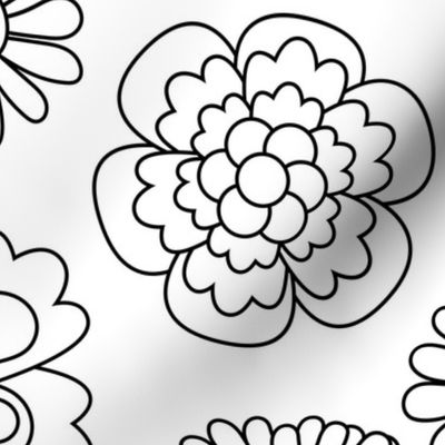 Coloring paper girls bedroom wallpaper - hand drawn blossom garden flowers black and white JUMBO