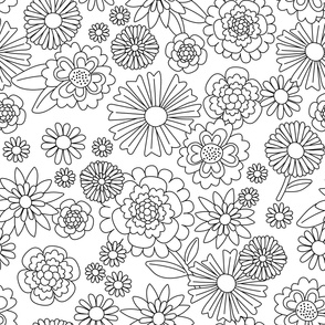 Coloring paper girls bedroom wallpaper - hand drawn blossom garden flowers black and white JUMBO