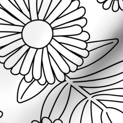 Coloring paper girls bedroom wallpaper - hand drawn boho flowers and petals vintage blossom garden  leaves black and white JUMBO