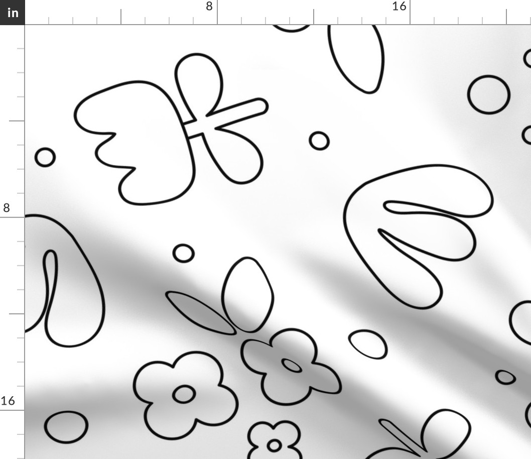 Coloring paper girls bedroom wallpaper - hand drawn modernist abstract flower shapes daisies and leaves black and white JUMBO