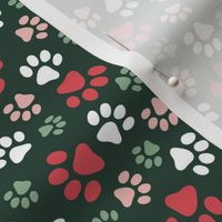 Messy paws - tossed dog paw design boho pet lovers christmas palette red green blush on pine green