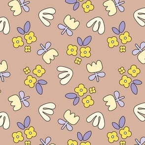 Modernist tulips and daisies abstract retro shaped blossom spring summer nursery baby design pastel yellow lilac on beige tan