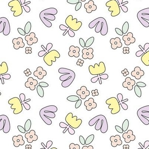 Modernist tulips and daisies abstract retro shaped blossom spring summer nursery baby design pastel yellow lilac blush on white