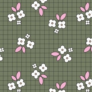 Retro little flowers for fall - daisies and leaves on checker plaid design nursery scandinavian boho design pink white on deep olive green