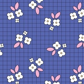 Retro little flowers for fall - daisies and leaves on checker plaid design nursery scandinavian boho design pink white on periwinkle blue